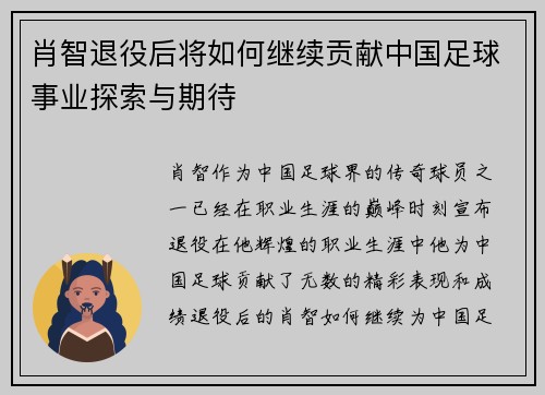 肖智退役后将如何继续贡献中国足球事业探索与期待