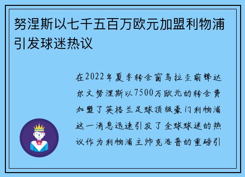 努涅斯以七千五百万欧元加盟利物浦引发球迷热议 努涅斯以七千五百万欧元加盟利物浦引发球迷热议