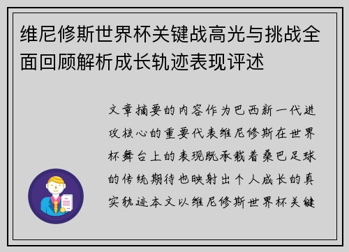 维尼修斯世界杯关键战高光与挑战全面回顾解析成长轨迹表现评述