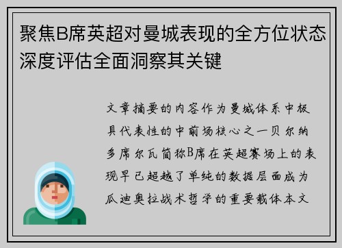 聚焦B席英超对曼城表现的全方位状态深度评估全面洞察其关键